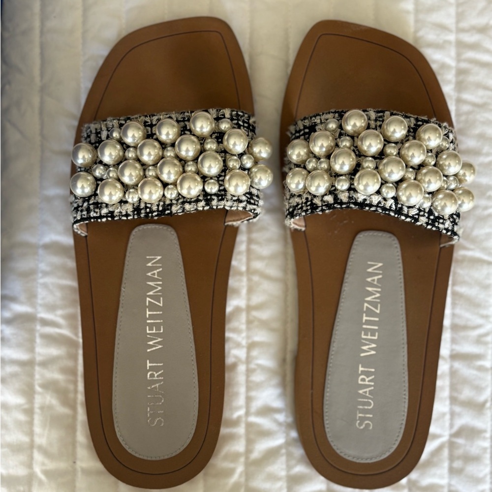 Stuart Weitzman Black and White Tweed and Pearl Sandals